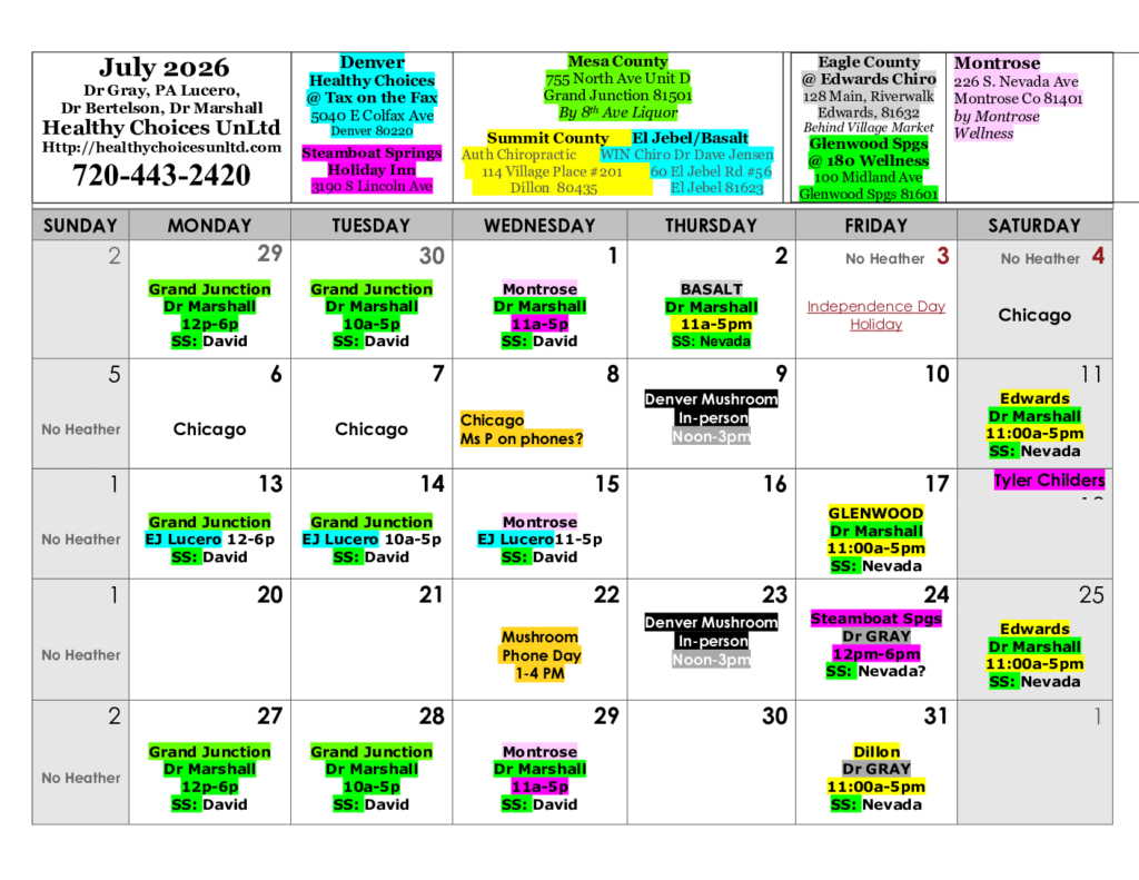 Healthy Choices Unlimited clinic calendar — July 2026