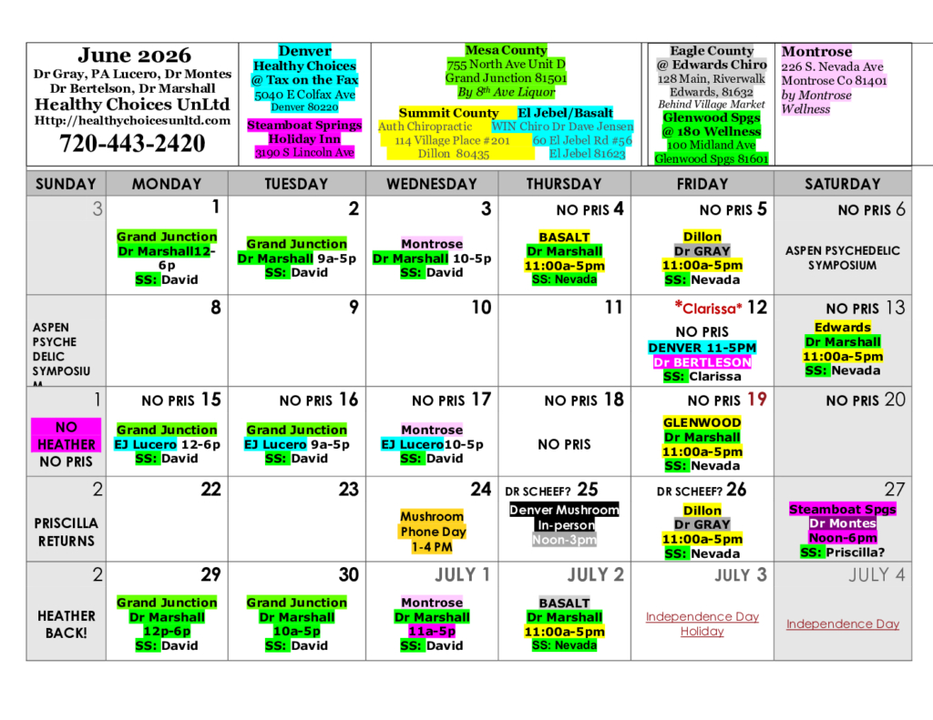 Healthy Choices Unlimited clinic calendar — June 2026